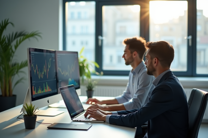 Deux professionnels collaborant au bureau avec graphiques académiques