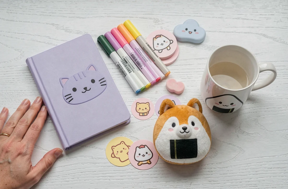 Collection de débutant kawaii avec journal pastel, stickers, peluche et accessoires mignons disposés en flat-lay