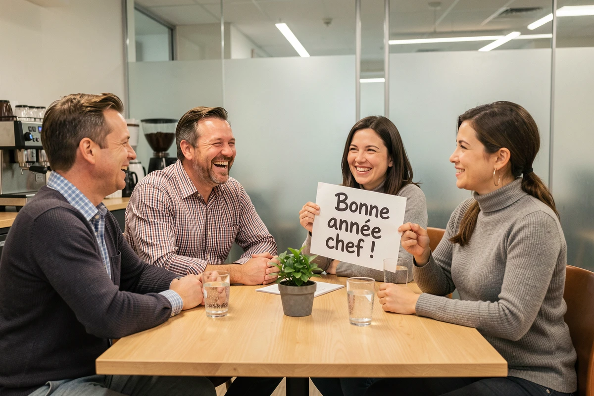 Groupe de collègues riant autour d'une table en salle de pause avec une pancarte humoristique de bonne année pour leur manager