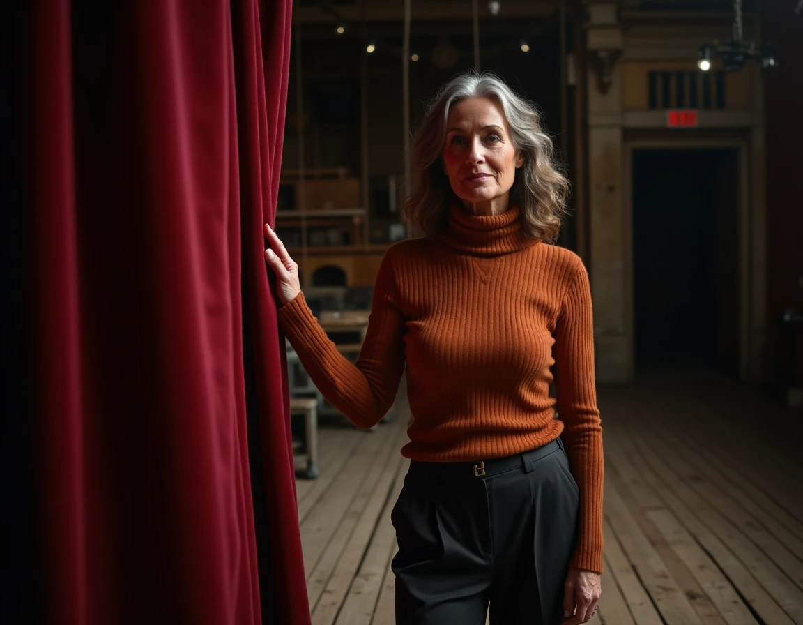 Femme comédienne dans les coulisses d'un théâtre français vintage, en référence aux débuts de Valérie Mairesse au Splendid