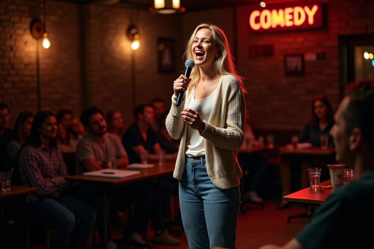 Femme blonde en pleine scène de stand-up dans un club