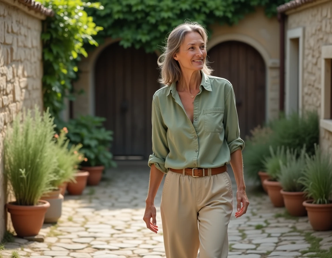 Comédienne française souriante dans une cour en pierre à la campagne, illustrant la vie privée et personnelle de Valérie Mairesse