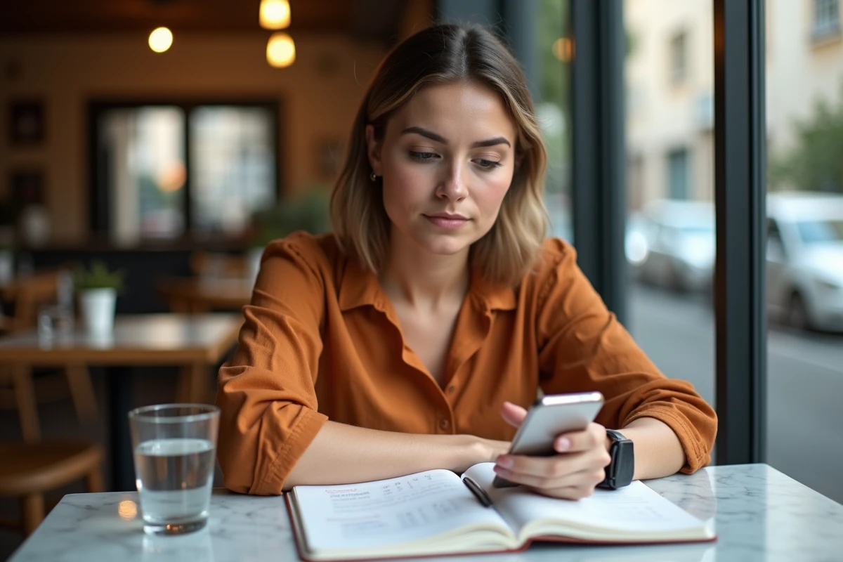 Jeune femme comparant des délais de livraison estimés sur son smartphone dans un café avec un carnet de commandes