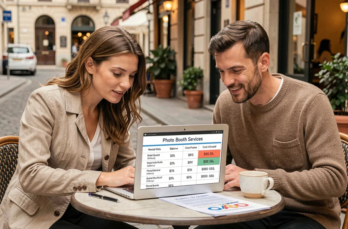 Deux entrepreneurs comparant des devis de location de borne Photomaton en terrasse de café