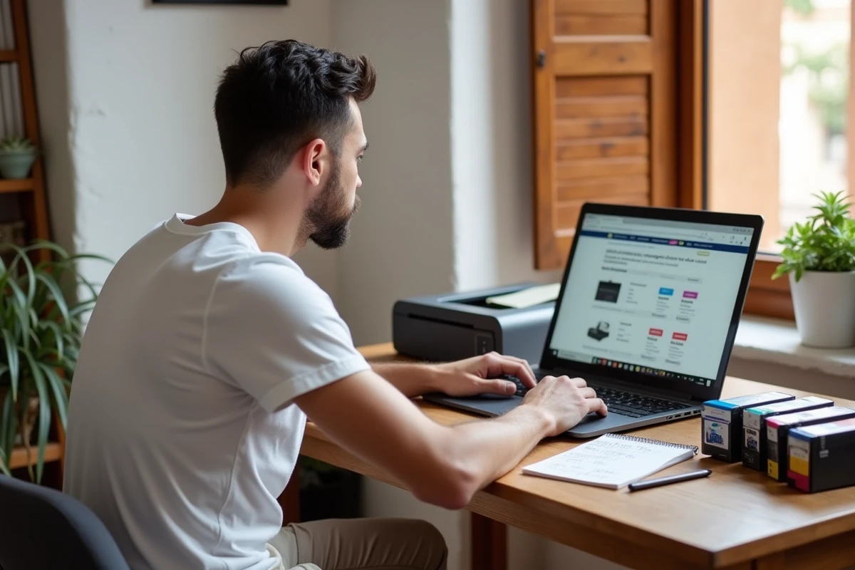 Homme comparant les prix de cartouches d'encre en ligne depuis un appartement espagnol