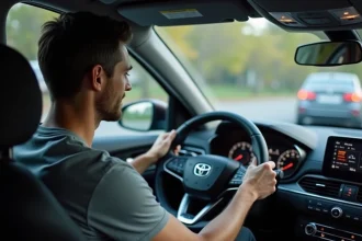 Conducteur regardant le compteur de vitesse d'une voiture affichant miles par heure et kilomètres par heure