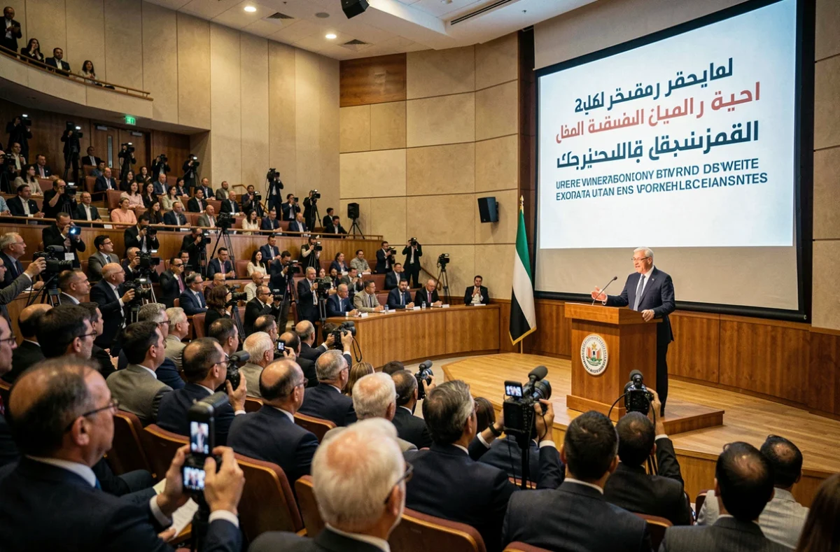 Conférence de presse officielle des Émirats arabes unis avec journalistes internationaux et responsable gouvernemental face aux questions et controverses médiatiques