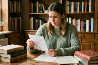 Femme confuse relisant une note avec des erreurs de traduction français-anglais, entourée de dictionnaires sur un bureau en bois