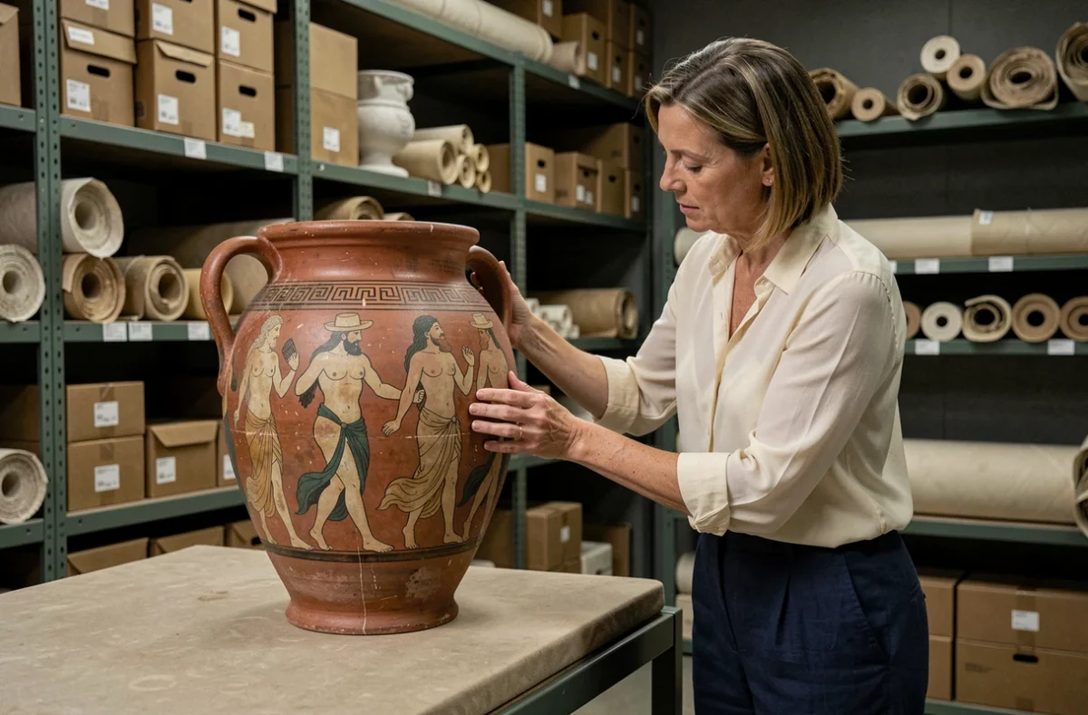 Conservatrice de musée examinant une amphore grecque antique ornée de divinités marines comme Triton et les Néréides