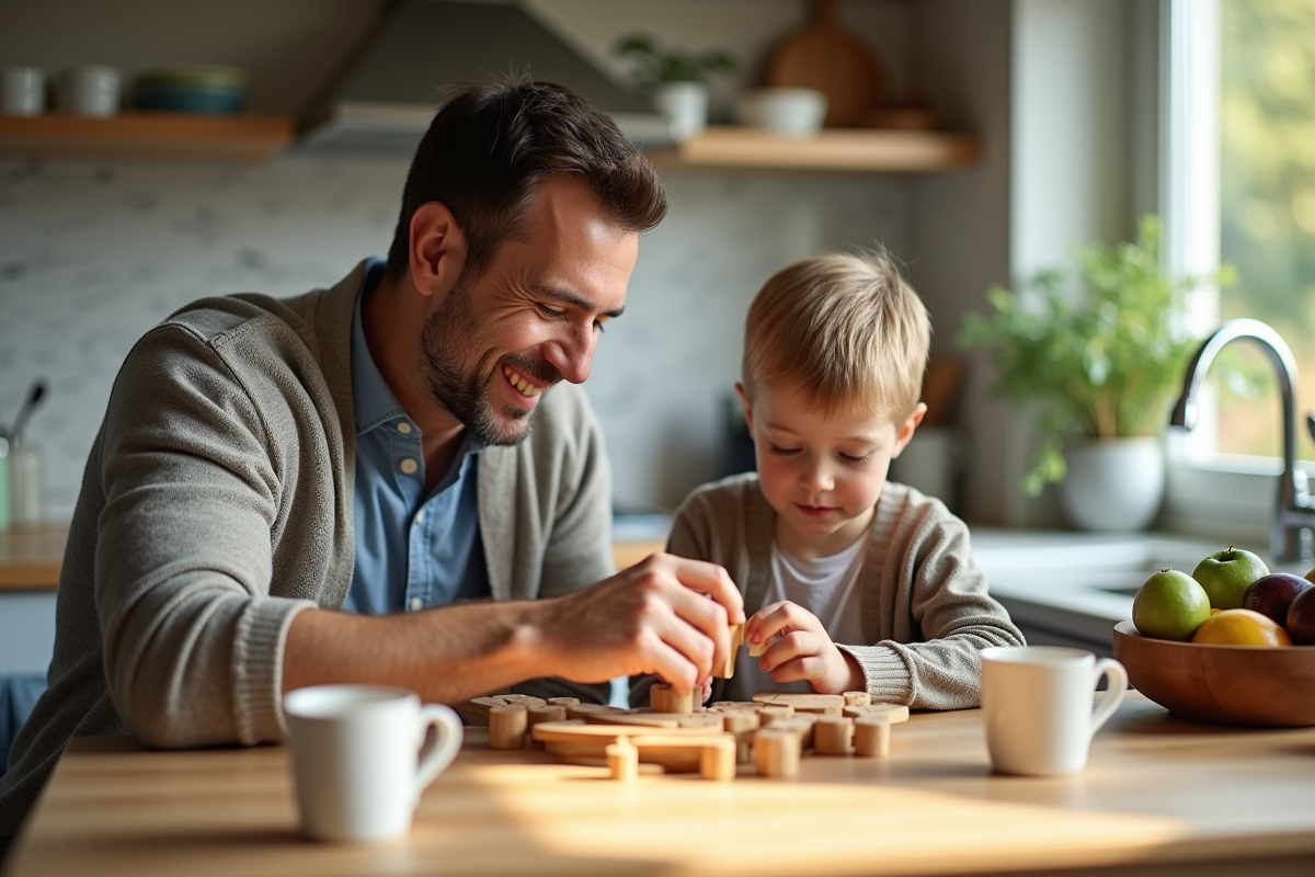 Un homme aide un garçon à construire un jouet en bois à la cuisine