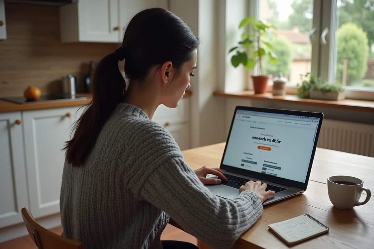 Femme consultant le site matnt.tdf.fr sur un ordinateur portable dans une cuisine pour optimiser l'emplacement de son antenne TNT