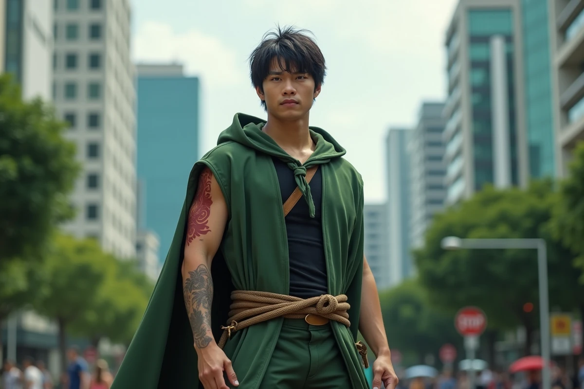 Jeune homme cosplaye Monkey D Dragon dans un parc urbain