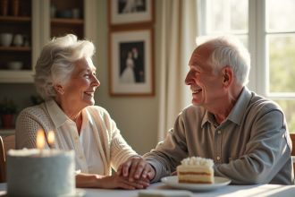 Couple senior souriant main dans la main à un anniversaire d'argent