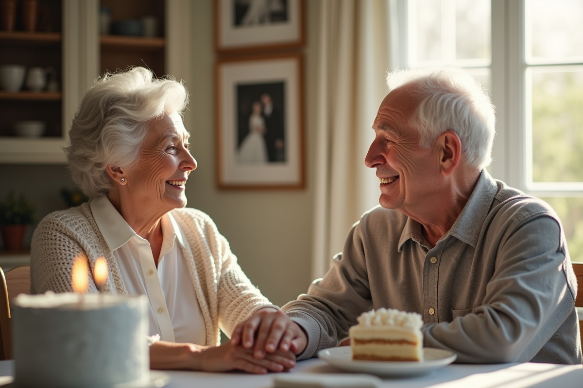 Couple senior souriant main dans la main à un anniversaire d'argent