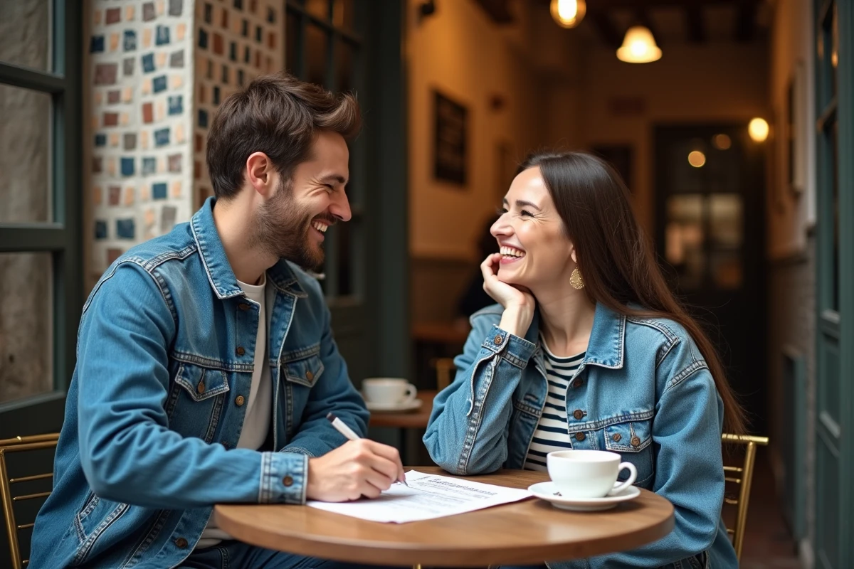 Couple complice dans un café parisien, l'homme écrivant des paroles de chanson sur un gobelet, la femme riant spontanément