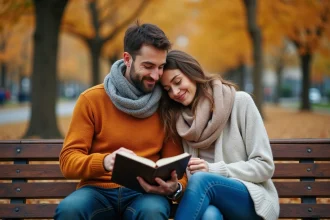 Couple assis sur un banc en bois dans un parc automnal, partageant des paroles de chanson écrites dans un carnet, moment romantique et intime