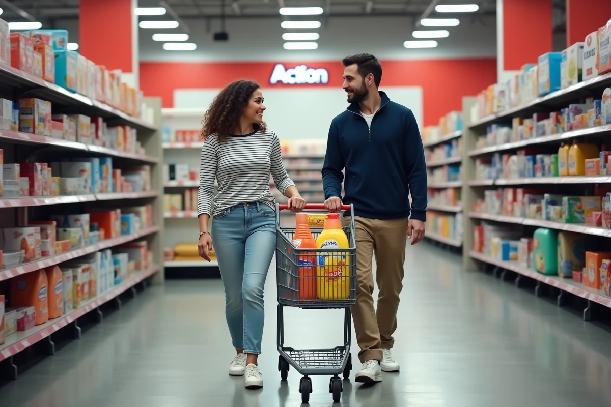 Couple faisant leurs courses dans un magasin Action ouvert le dimanche avec caddie rempli de produits