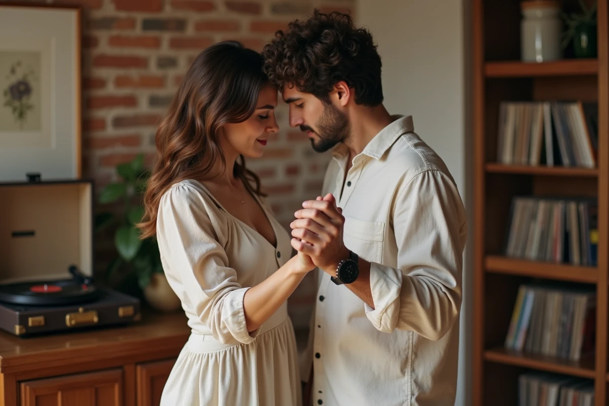 Couple dansant lentement dans un salon vintage avec un tourne-disque en arrière-plan, exprimant leur amour à travers la musique