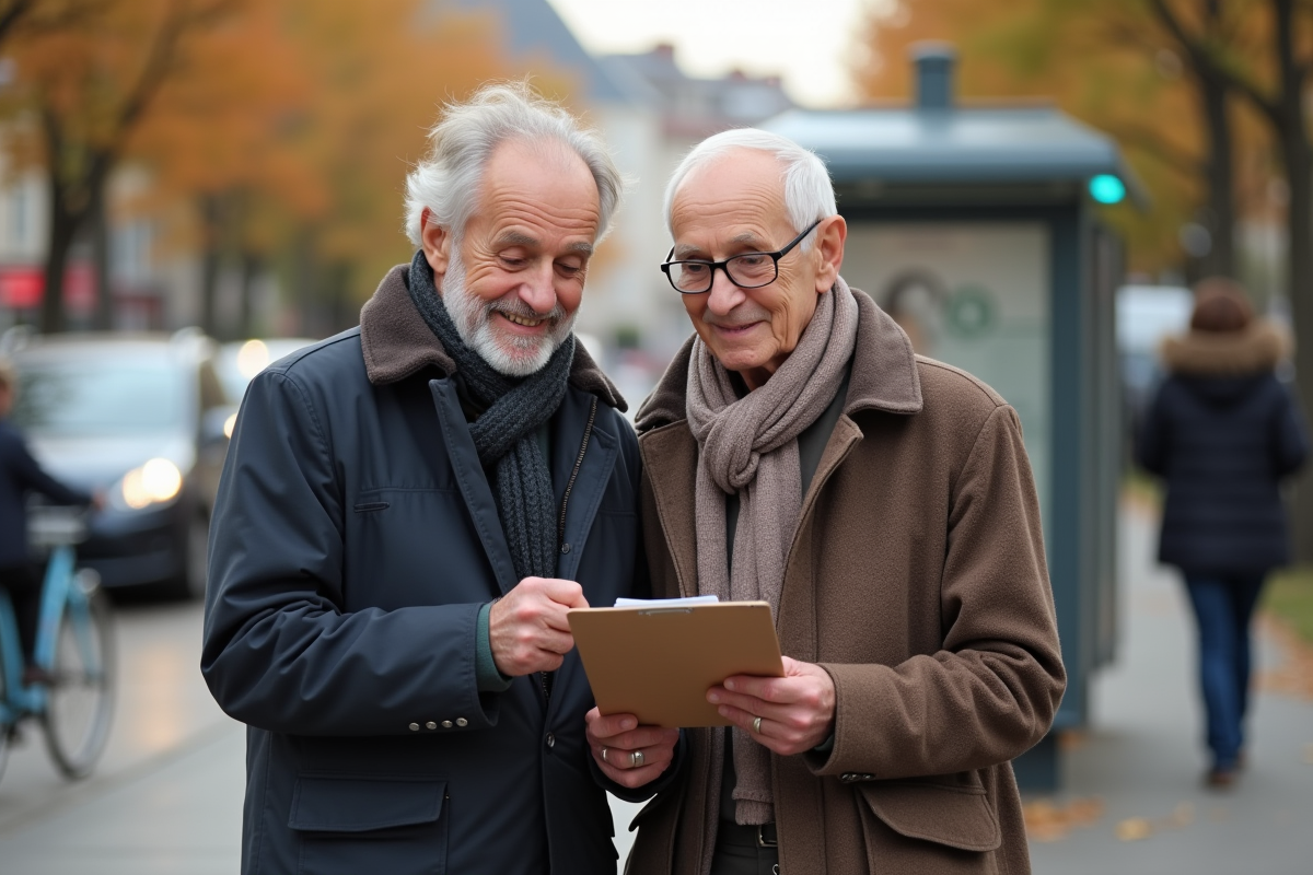 Couple retraité consulte des papiers financiers dans la rue