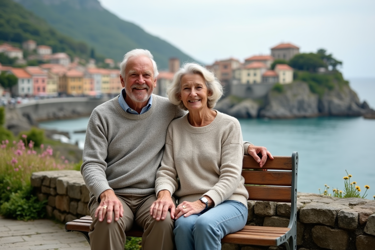 Couple retraité souriant sur un banc face à un village côtier
