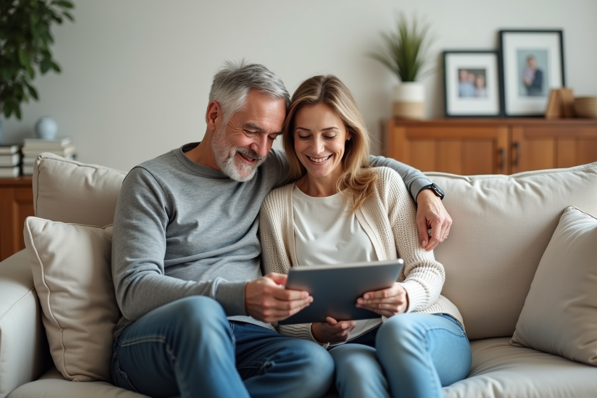 Couple souriant avec tablette pour comparaison d