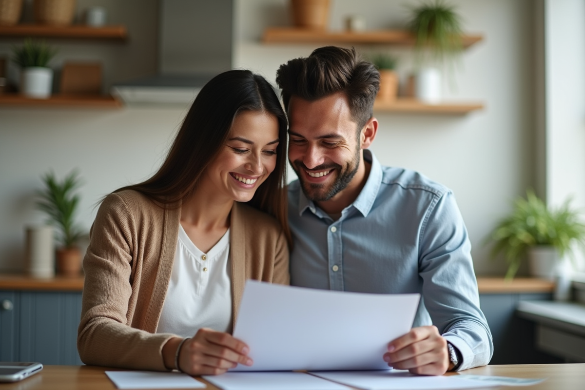 Jeune couple souriant en préparant un prêt immobilier