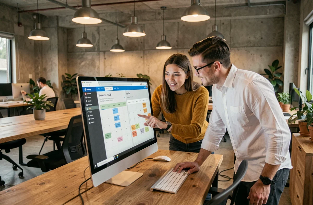 Deux collègues en espace de coworking consultant ensemble un outil en ligne pour vérifier les semaines paires de 2026 sur un grand écran