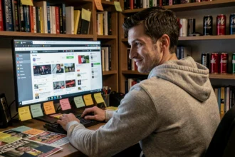 Jeune homme devant un écran rempli de contenus viraux et de mèmes, illustrant la culture du troll et de la satire en ligne