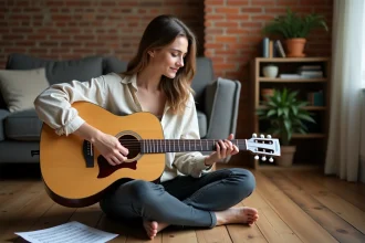 Jeune femme débutante apprenant la guitare acoustique avec une partition de tablature posée sur ses genoux dans un salon chaleureux