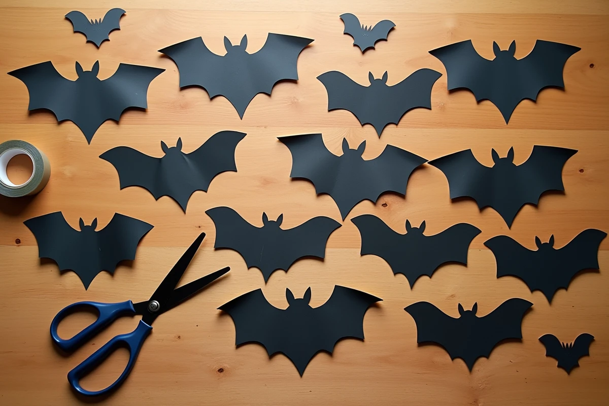 Découpages de chauves-souris Halloween en papier noir sur table en bois avec accessoires de bricolage