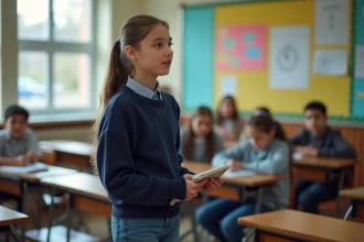 Déléguée de classe adolescente prenant la parole devant ses camarades dans une salle de cours