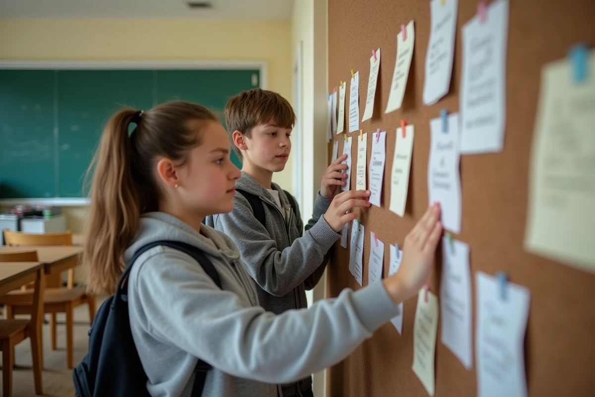 Deux élèves délégués affichant des propositions sur un tableau de suggestions dans leur salle de classe