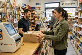 Femme déposant un colis Chronopost au comptoir d'un tabac-presse en France