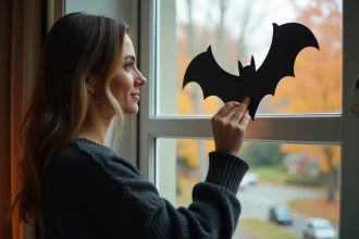 Femme collant un dessin de chauve-souris Halloween sur une fenêtre de salon avec feuillage automnal en arrière-plan