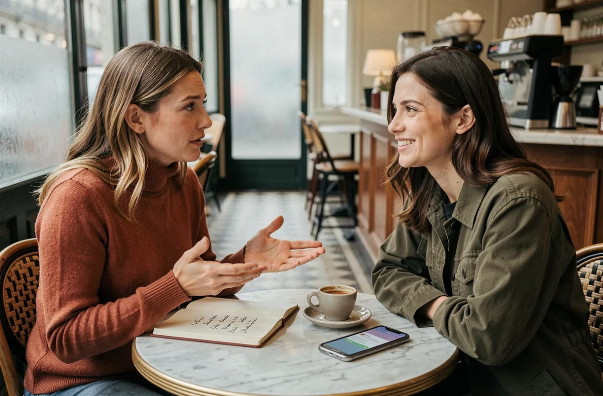 Deux femmes discutant d'une expression française ambiguë dans un café parisien, avec un carnet de notes et une application de traduction sur la table