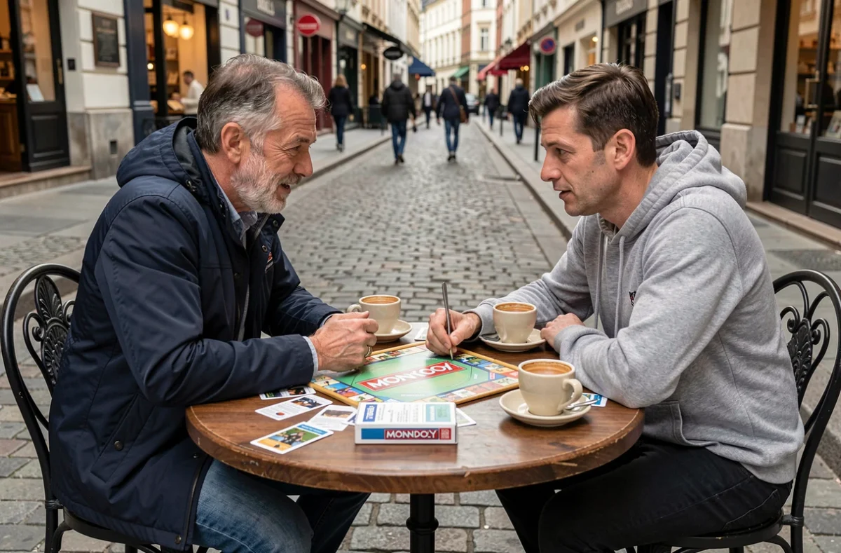 Deux hommes discutant de stratégies de farm Monopoly Magnat autour d'un plateau de jeu dans un café en plein air