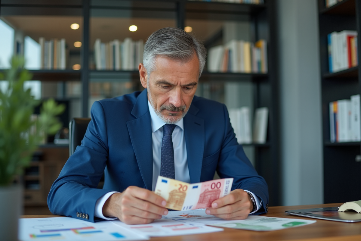 Economiste homme en costume bleu examinant des billets euros