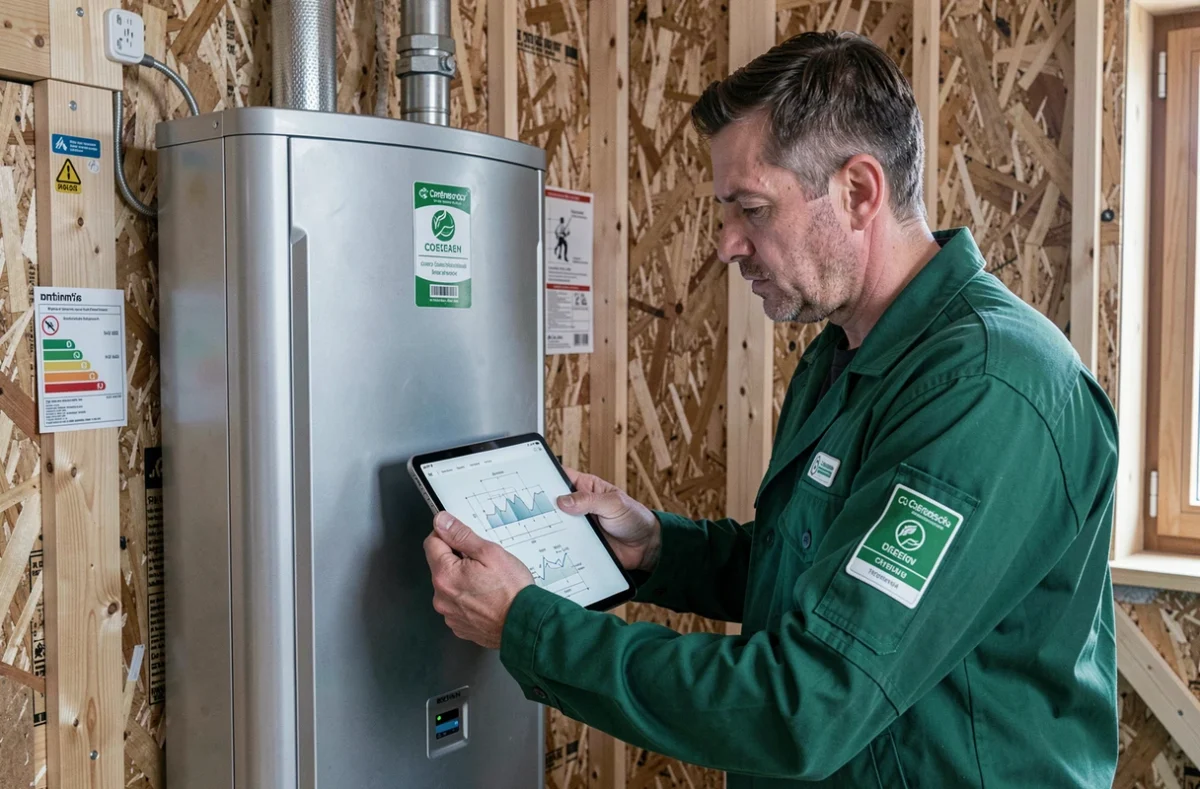 Technicien Ecotech installant une pompe à chaleur dans une maison éco-efficiente en Haute-Savoie