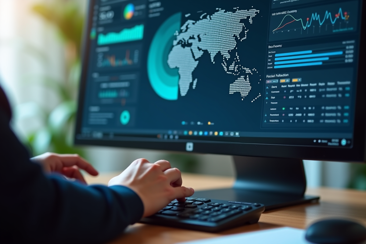 Moniteur affichant une interface académique avec clavier en gros plan