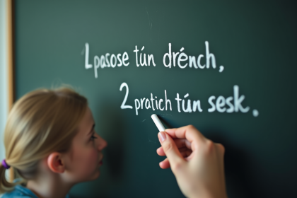 Main tenant une craie blanche écrivant deux phrases sur un tableau noir