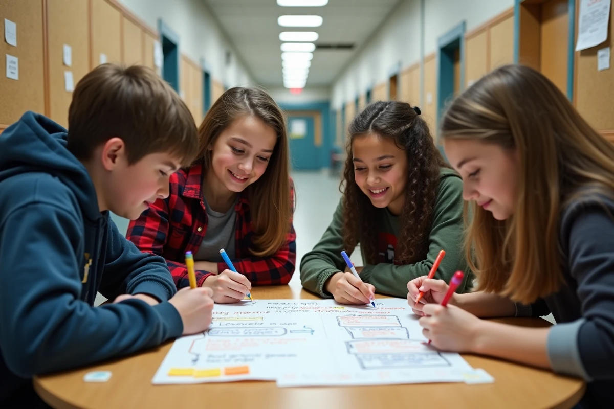 Groupe d'élèves collaborant sur un projet de vivre-ensemble autour d'une table dans un couloir scolaire