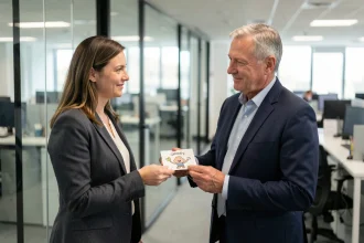 Une employée remet une carte humoristique de bonne année à son patron dans un couloir de bureau moderne