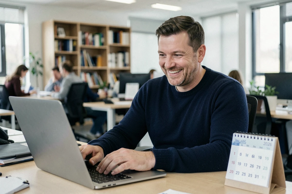 Un employé souriant rédige un email humoristique de bonne année à son patron depuis son bureau en open space en janvier 2026