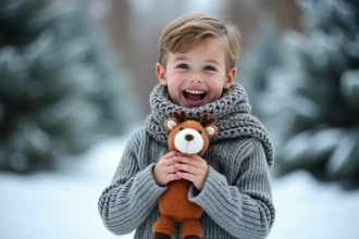 Jeune garçon souriant tenant une peluche de renne inspirée de Sven du film Frozen dans un décor hivernal enneigé