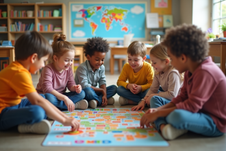 Groupe d'enfants d'école primaire jouant à un jeu éducatif