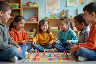 Groupe d'enfants jouant à un jeu coopératif en classe
