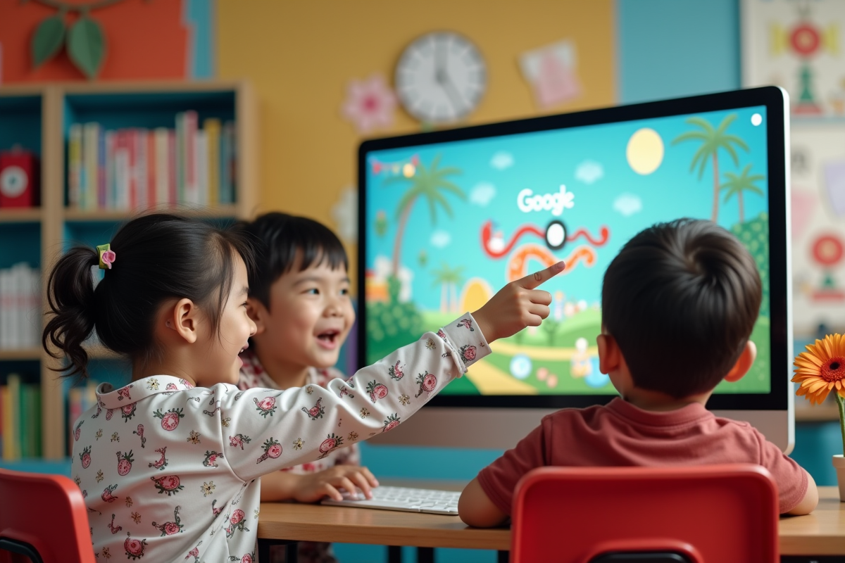 Trois enfants jouant devant un écran avec jeu du Snake