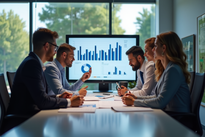 Espace de travail professionnel avec équipe diverse analysant des documents numériques