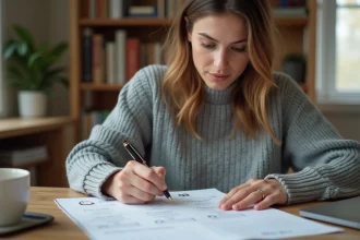 Femme consultant un calendrier de livraison imprimé à son bureau à domicile pour estimer les délais de commande