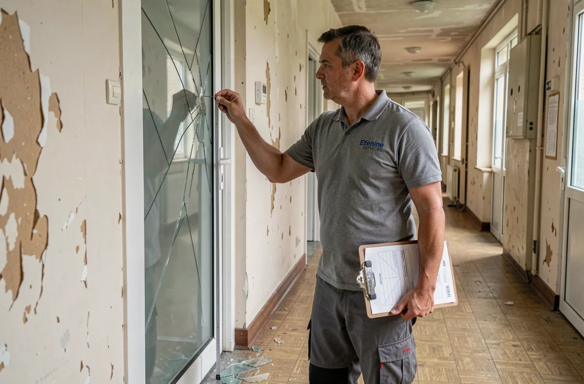 Technicien Etienne Services mesurant un panneau de verre brisé dans une résidence de Seine-Saint-Denis